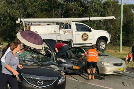 Airborne ute crushes cars at Caboolture