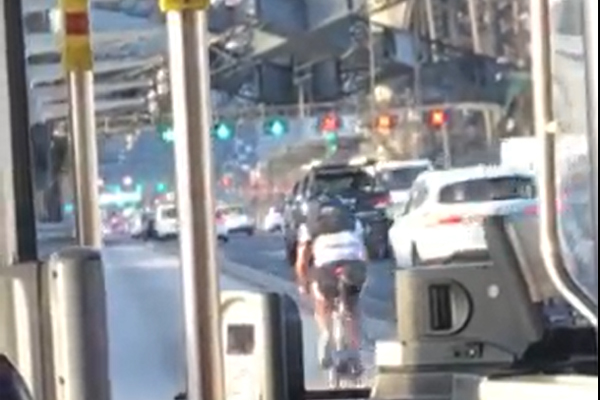 Article image for WATCH | Idiotic cyclist holds up traffic on Sydney Harbour Bridge