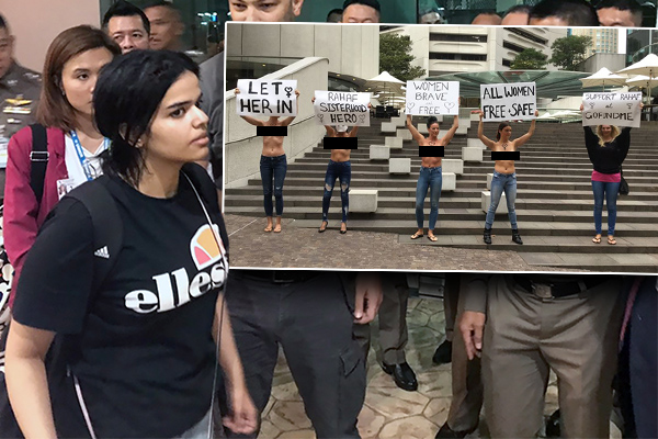 Women protest topless in CBD for Saudi teen seeking asylum 