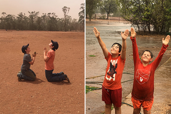 Country boys jumping for joy after prayers for rain answered