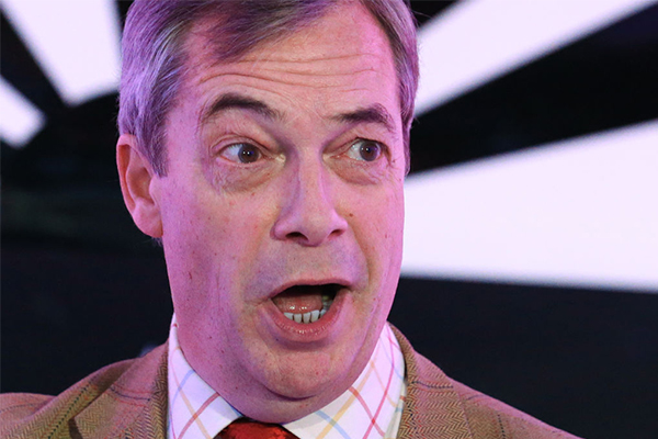 Nigel Farage speaks with Deb Knight after landslide UK Conservative election victory