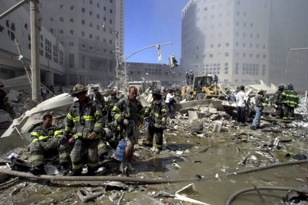 Rubble and smoking buildings of World Trade Centre in New York City, 11/09/01, after terrorist attacked twin towers by crashing highjacked commercial aircraft into buildings. Picture: Nathan Edwards