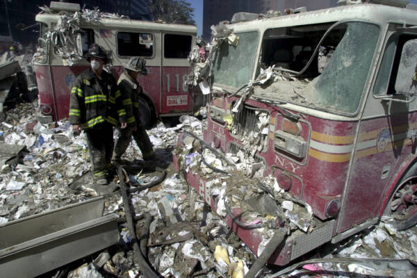 Rubble and smoking buildings of World Trade Centre in New York City, 11/09/01, after terrorist attacked twin towers by crashing highjacked commercial aircraft into buildings. Picture: Nathan Edwards