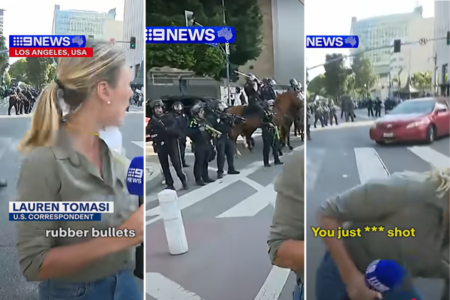 ‘Tense moment for Los Angeles’: Nine News reporter shot by rubber bullet during LA riots