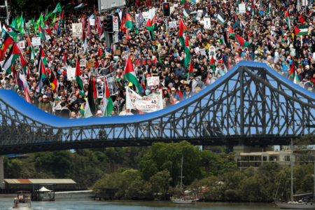 ‘Pests’: Peter Fegan clashes with organiser of Story Bridge pro-Palestine protest